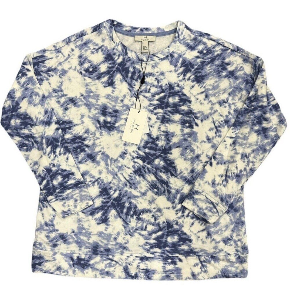 Halston Studio White Blue Tie Dye Rivier Oversized Sweatshirt S
